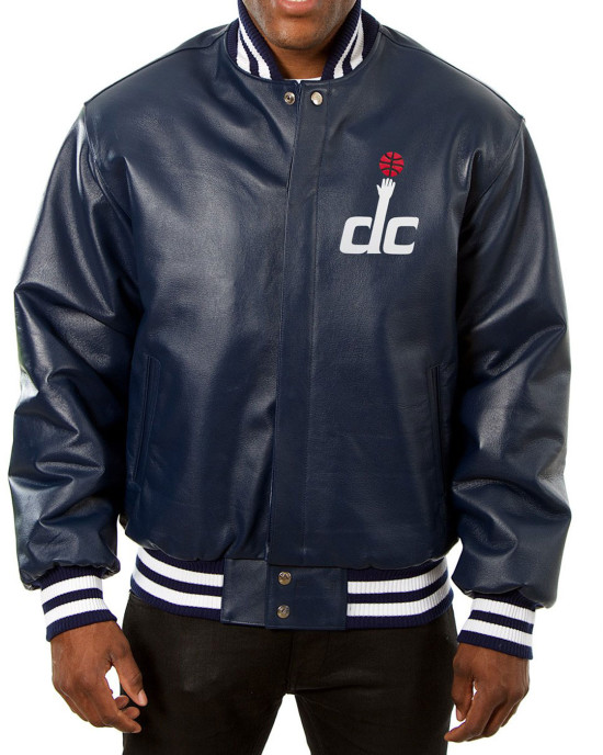 Washington Wizards Letterman Navy Blue Leather Jacket