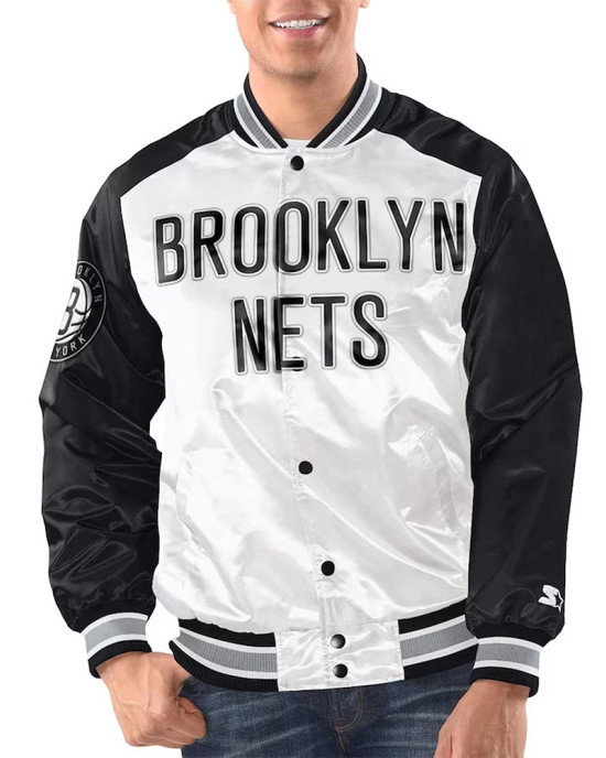 White/Black Brooklyn Nets Renegade Varsity Satin Jacket