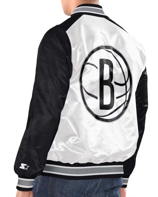 White/Black Brooklyn Nets Renegade Varsity Satin Jacket