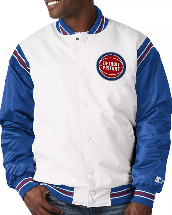 White/Blue Detroit Pistons Renegade Varsity Satin Jacket
