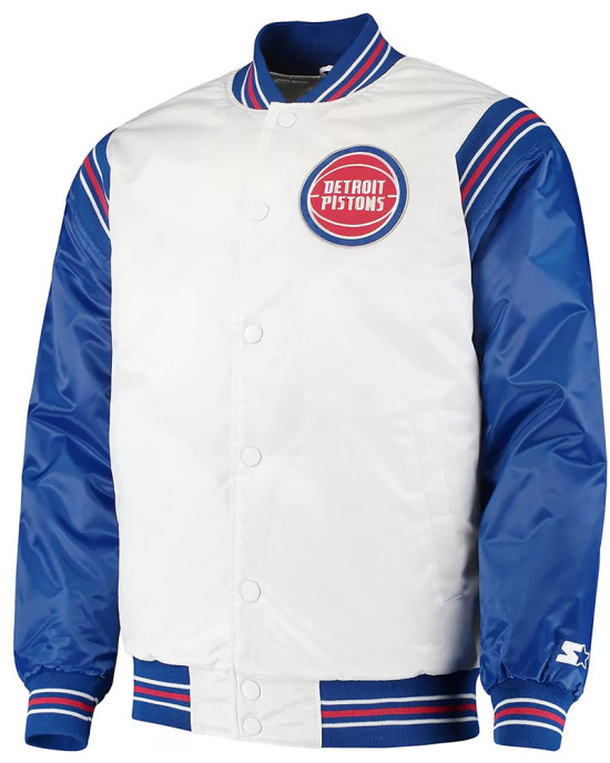 White/Blue Detroit Pistons Renegade Varsity Satin Jacket