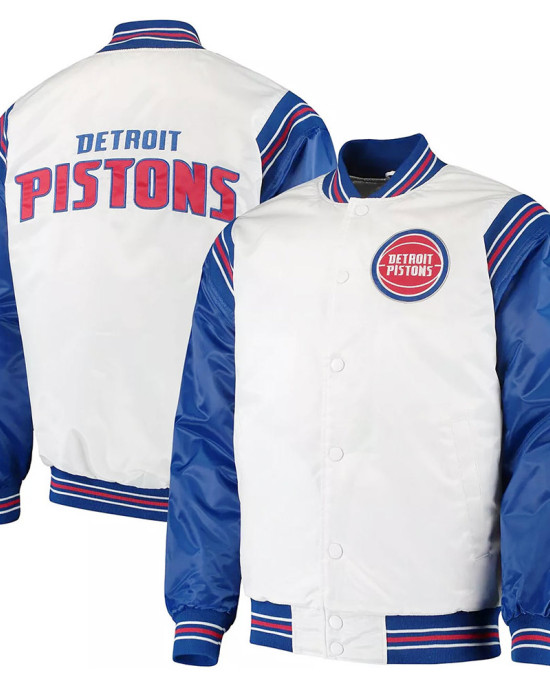 White/Blue Detroit Pistons Renegade Varsity Satin Jacket