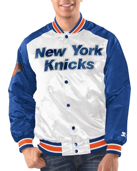 White/Blue New York Knicks Renegade Varsity Satin Jacket White/Blue New York Knicks Renegade Varsity Satin Jacket
