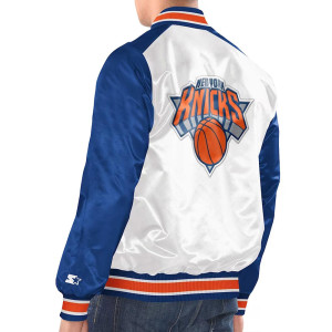 White/Blue New York Knicks Renegade Varsity Satin Jacket