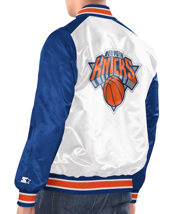 White/Blue New York Knicks Renegade Varsity Satin Jacket White/Blue New York Knicks Renegade Varsity Satin Jacket