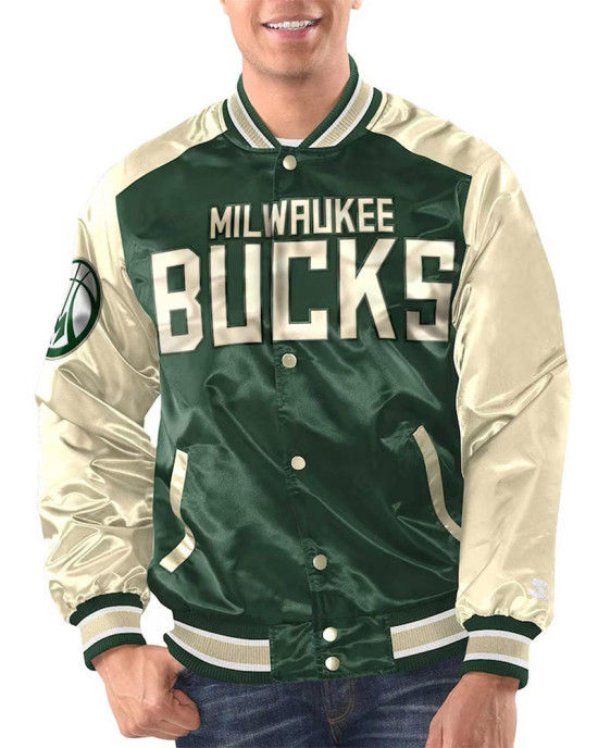 White/Hunter Green Milwaukee Bucks Renegade Varsity Satin Jacket White/Hunter Green Milwaukee Bucks Renegade Varsity Satin Jacket