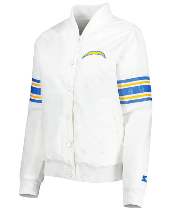 White LA Chargers Line Up Full-Snap Satin Jacket White LA Chargers Line Up Full-Snap Satin Jacket