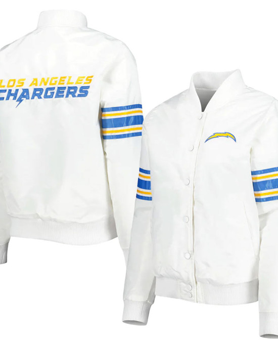 White LA Chargers Line Up Full-Snap Satin Jacket White LA Chargers Line Up Full-Snap Satin Jacket