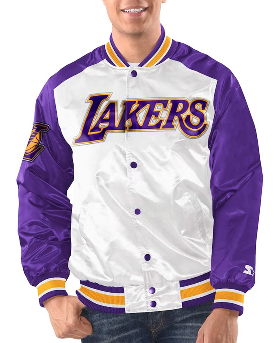 White/Purple LA Lakers Renegade Varsity Satin Jacket White/Purple LA Lakers Renegade Varsity Satin Jacket