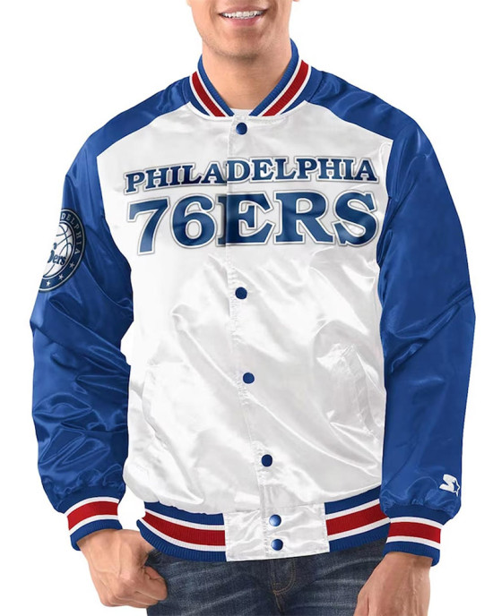 White/Royal Philadelphia 76ers Renegade Varsity Satin Jacket White/Royal Philadelphia 76ers Renegade Varsity Satin Jacket
