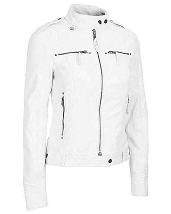 White Zipper Pockets Leather Jacket White Zipper Pockets Leather Jacket
