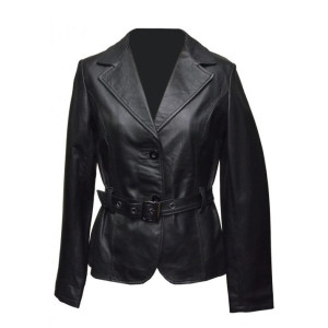 Women Soft Black Leather Belted Jacket