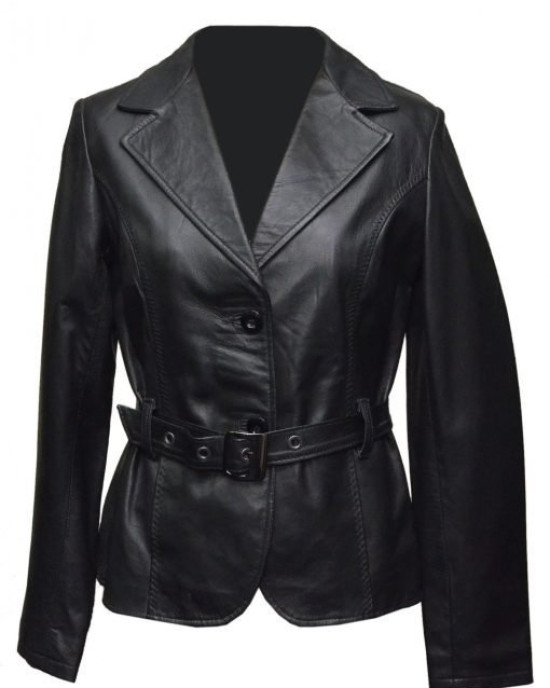 Women Soft Black Leather Belted Jacket