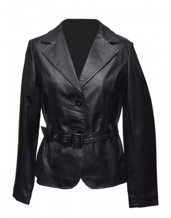 Women Soft Black Leather Belted Jacket