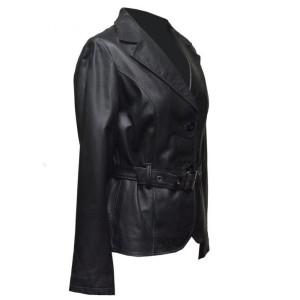 Women Soft Black Leather Belted Jacket