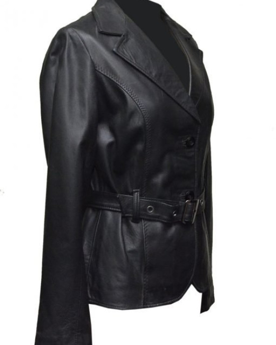 Women Soft Black Leather Belted Jacket