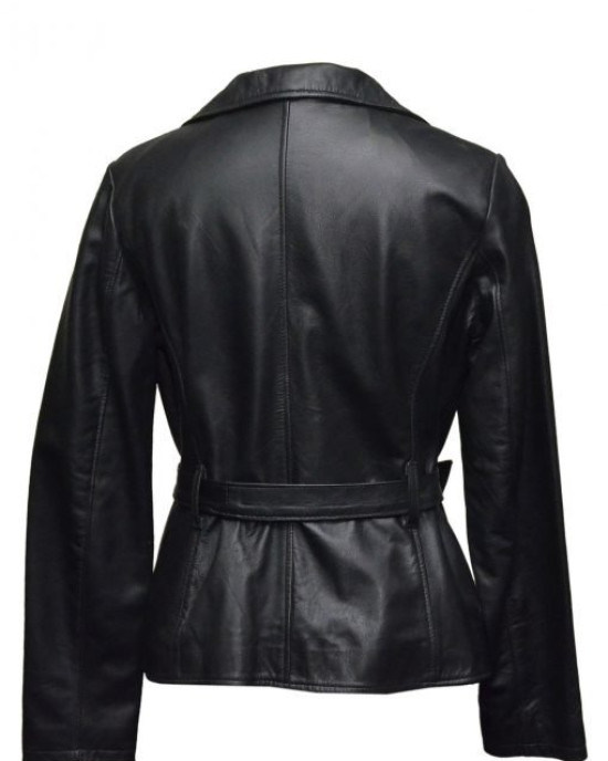 Women Soft Black Leather Belted Jacket