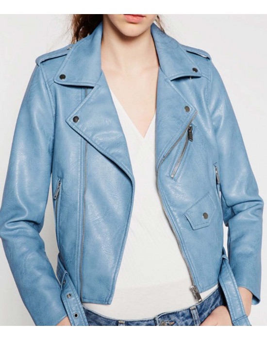 Women’s Baby Blue Motorcycle Leather Jacket