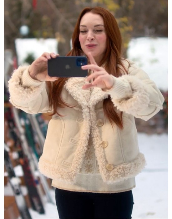 Women’s Falling For Christmas 2022 Lindsay Lohan Shearling White Jacket