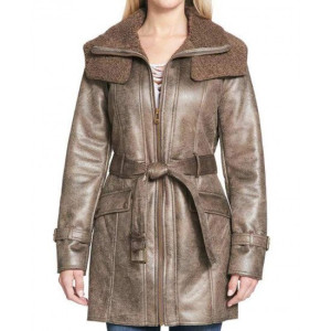 Women’s Mid Length Duster Shearling Belted Leather Coat