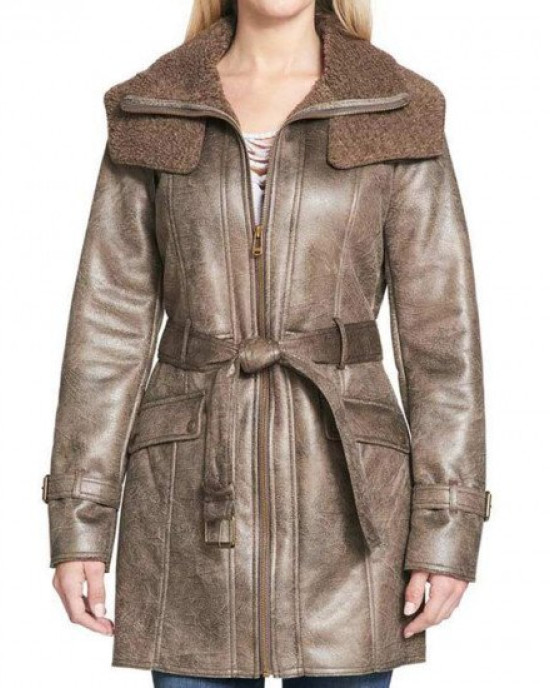 Women’s Mid Length Duster Shearling Belted Leather Coat