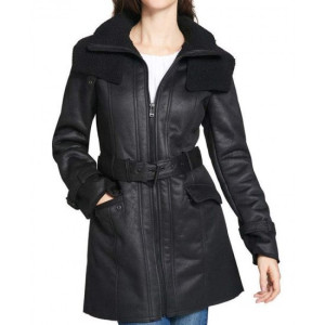 Women’s Mid Length Duster Shearling Belted Leather Coat