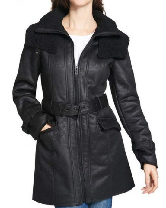 Women’s Mid Length Duster Shearling Belted Leather Coat