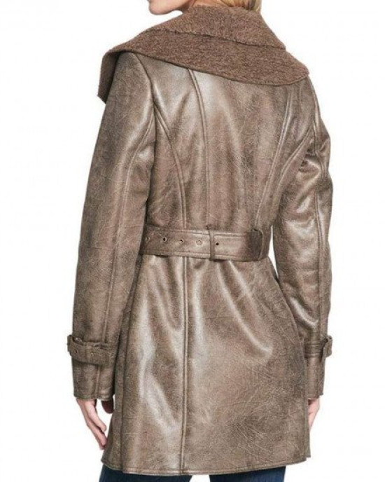 Women’s Mid Length Duster Shearling Belted Leather Coat