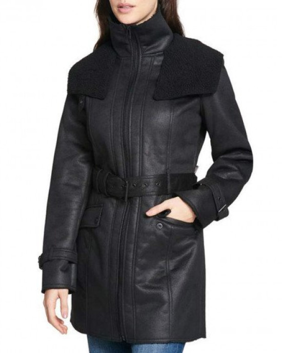 Women’s Mid Length Duster Shearling Belted Leather Coat