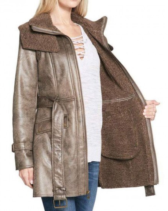 Women’s Mid Length Duster Shearling Belted Leather Coat
