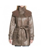 Women’s Mid Length Duster Shearling Belted Leather Coat