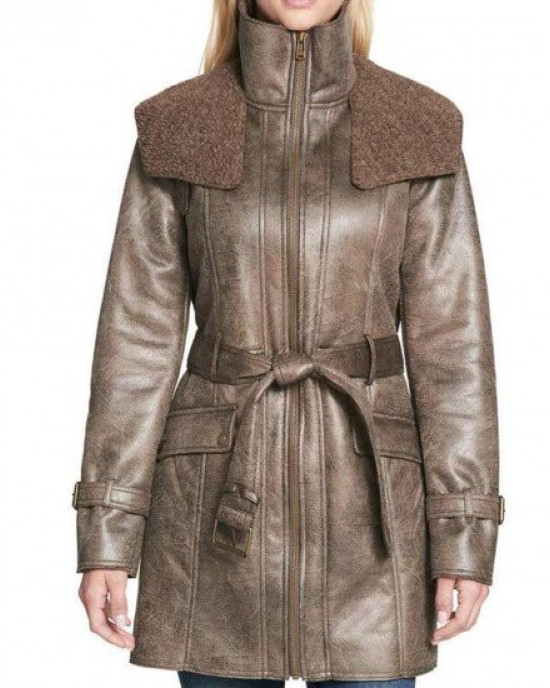 Women’s Mid Length Duster Shearling Belted Leather Coat