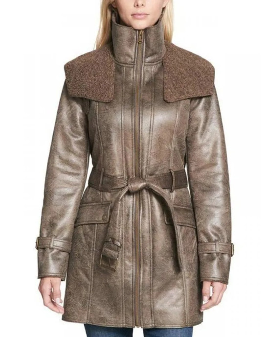 Women’s Mid-Length Shearling Duster Trench Coat Women’s Mid-Length Shearling Duster Trench Coat