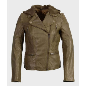 Women’s Olive Notch Collar Motorcycle Leather Jacket