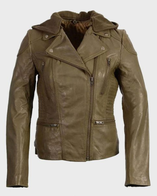 Women’s Olive Notch Collar Motorcycle Leather Jacket