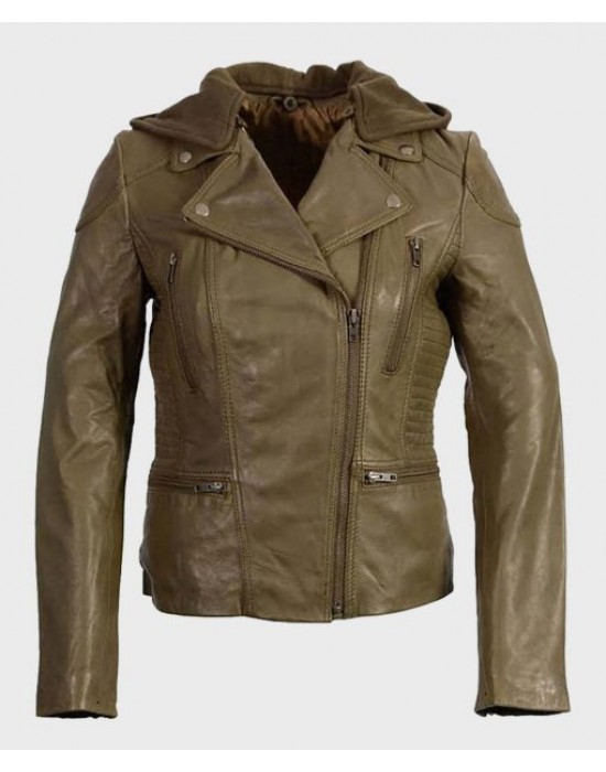 Women’s Olive Notch Collar Motorcycle Leather Jacket