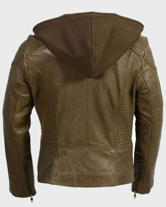 Women’s Olive Notch Collar Motorcycle Leather Jacket