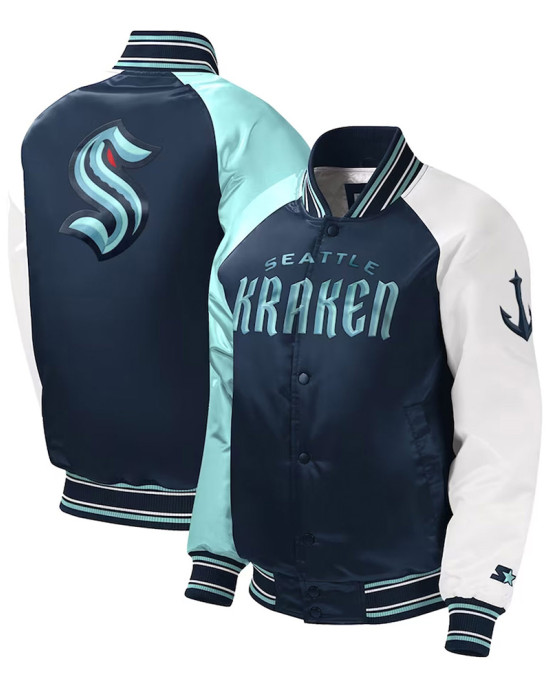 Youth Seattle Kraken Raglan Full-snap Varsity Satin Jacket Youth Seattle Kraken Raglan Full-snap Varsity Satin Jacket
