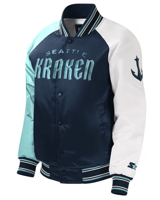 Youth Seattle Kraken Raglan Full-snap Varsity Satin Jacket Youth Seattle Kraken Raglan Full-snap Varsity Satin Jacket