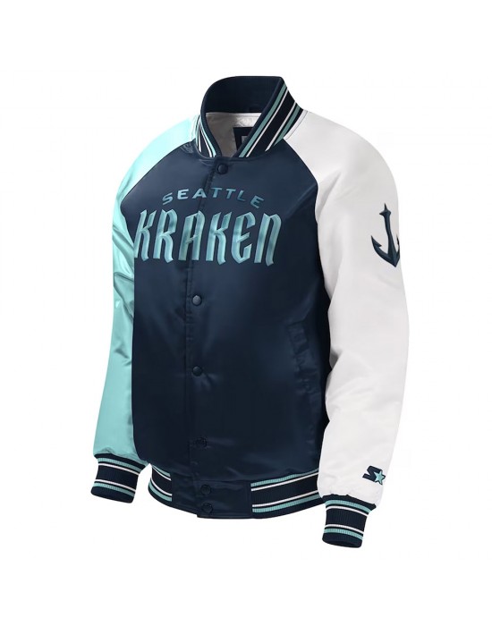 Youth Seattle Kraken Raglan Full-snap Varsity Satin Jacket