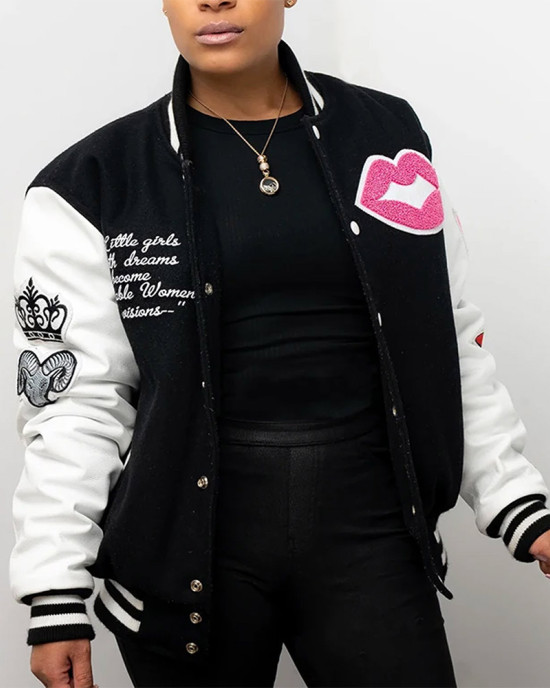 Adorable Woman Black and White Varsity Jacket Adorable Woman Black and White Varsity Jacket