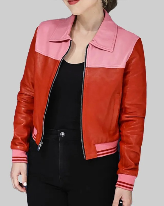 After Midnight Taylor Tomlinson Full-Zip Pink and Red Leather Jacket