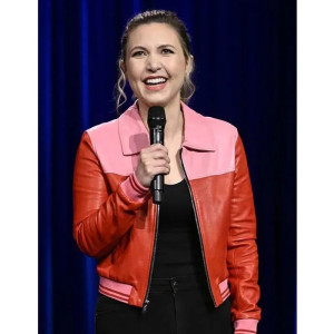 After Midnight Taylor Tomlinson Full-Zip Pink and Red Leather Jacket