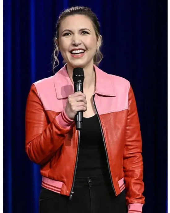 After Midnight Taylor Tomlinson Full-Zip Pink and Red Leather Jacket