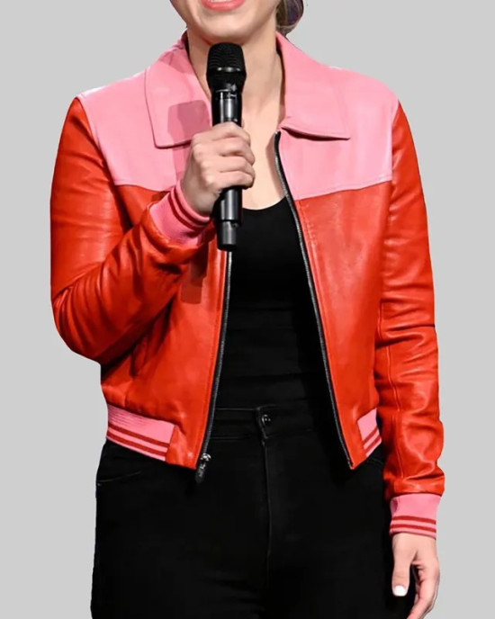 After Midnight Taylor Tomlinson Full-Zip Pink and Red Leather Jacket