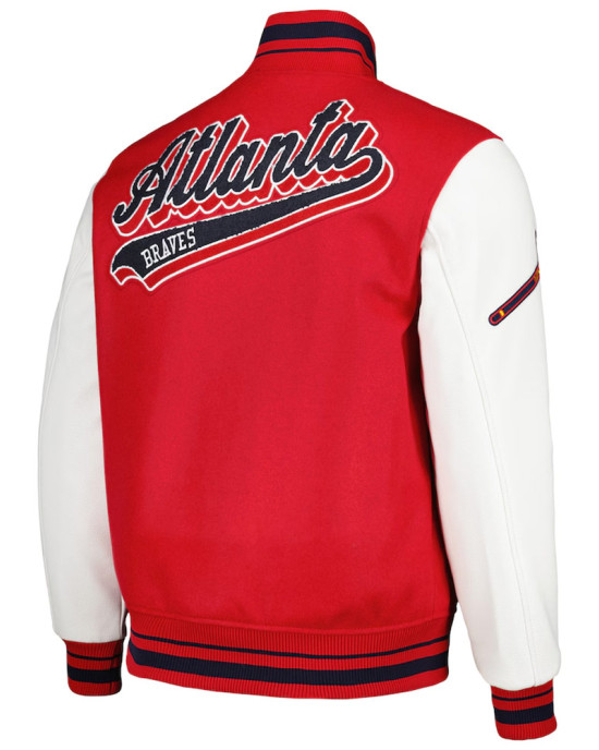 Atlanta Braves Script Tail Red and White Varsity Jacket Atlanta Braves Script Tail Red and White Varsity Jacket