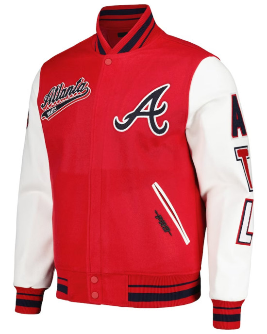 Atlanta Braves Script Tail Red and White Varsity Jacket Atlanta Braves Script Tail Red and White Varsity Jacket
