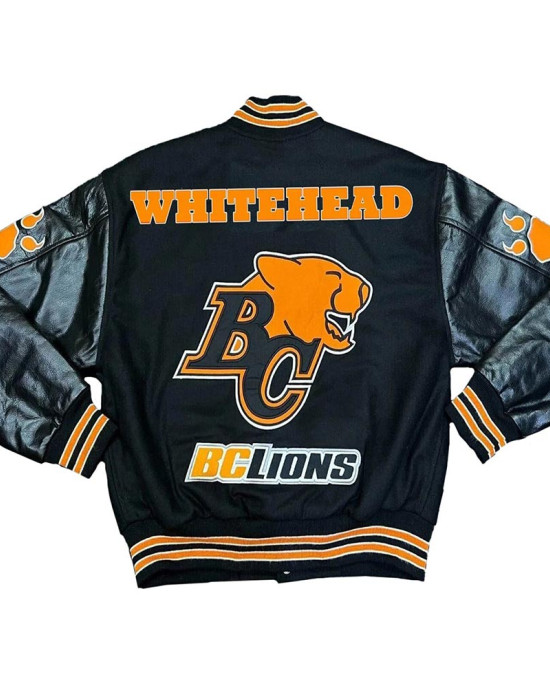 BC Lions White Head Black Varsity Jacket BC Lions White Head Black Varsity Jacket