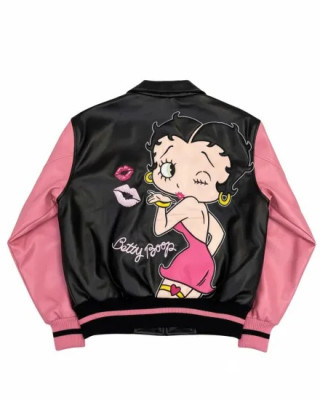 Betty Boop Pink Varsity Bomber Leather Jacket for Women