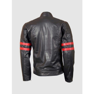 Biker Leather Jacket with Red Stripes